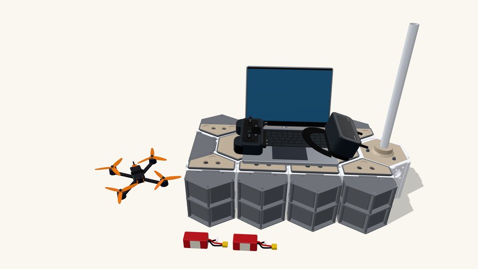 A ground-control station assembling in the hex cluster configurator: bolts, bins, drawers, lids, the antenna mast, then the laptop, radio, goggles, packs and quad