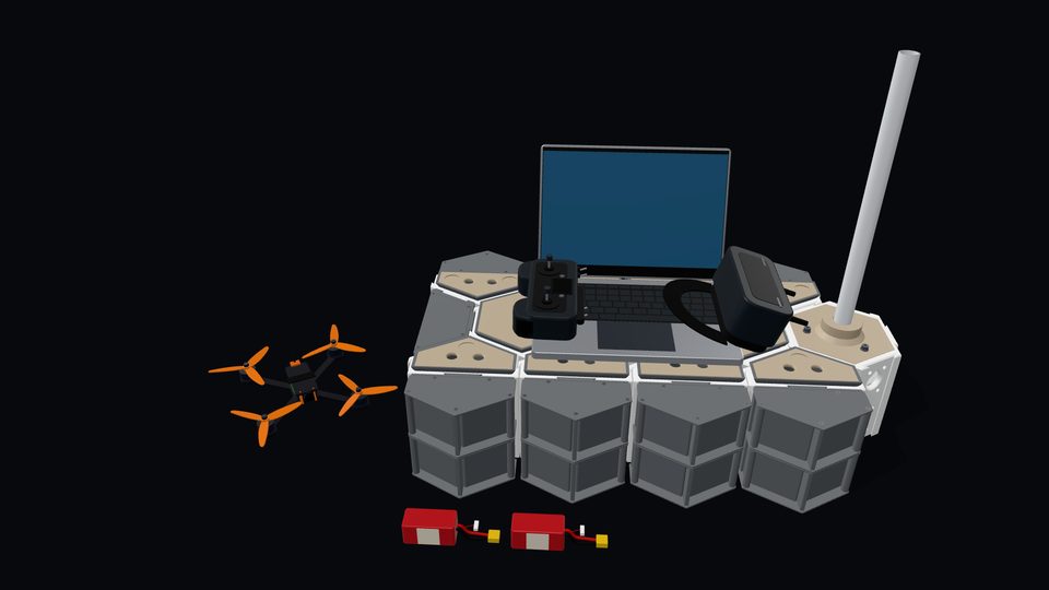 A ground-control station assembling in the hex cluster configurator: bolts, bins, drawers, lids, the antenna mast, then the laptop, radio, goggles, packs and quad