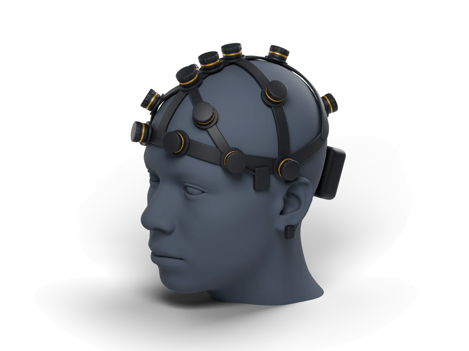 Strap harness EEG headset concept, 16-channel, three-quarter view