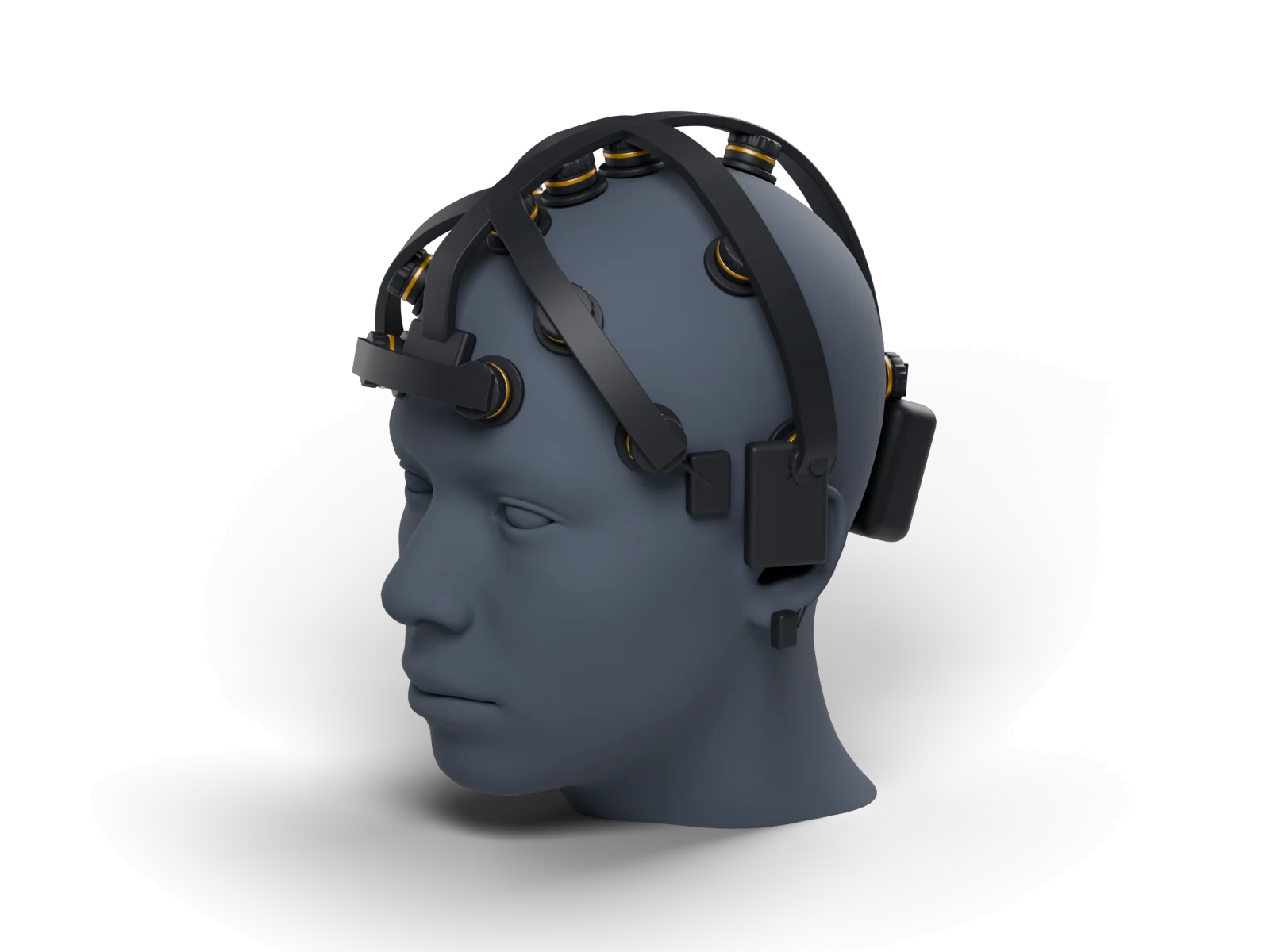 Rigid EEG headset concept, 16-channel, three-quarter view
