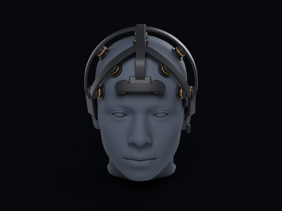 A concept EEG headset on a head